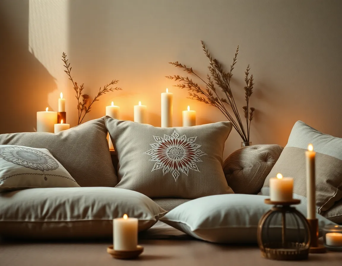 An inviting meditation space featuring plush cushions and flickering candles, set within a serene environment. Soft, warm candlelight casts gentle shadows, enhancing the calming ambiance. The carefully arranged elements create a feeling of peace, encouraging mindfulness and relaxation. The natural muted tones and rich textures evoke a sense of harmony, perfect for wellness and self-reflection.