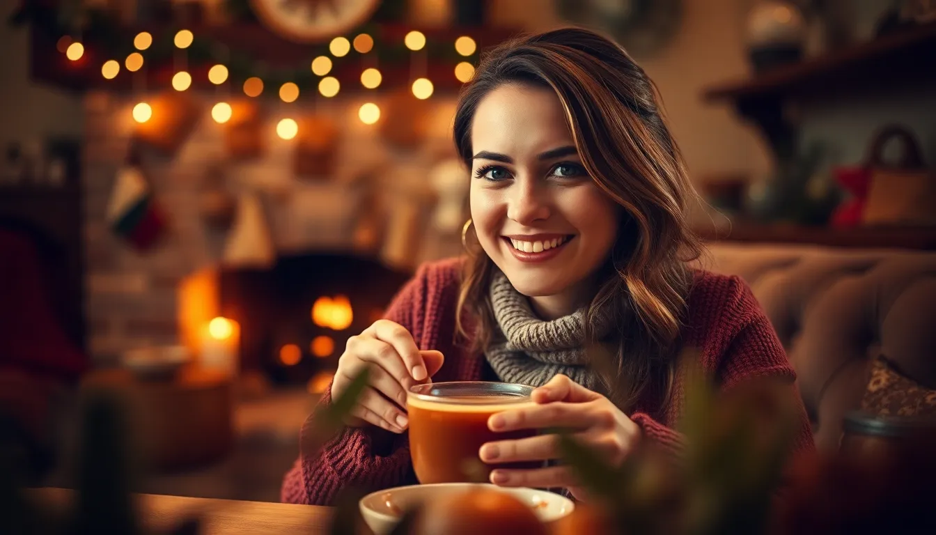 Woman Relaxing with Herbal Tea by the Fireplace