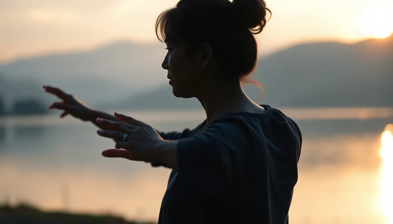 A serene woman practices tai chi at sunrise by a tranquil lake, bathed in golden light that illuminates the scene. The soft pastel tones of early morning enhance the peaceful ambiance. This image captures the essence of wellness through mindfulness, movement, and a connection to nature, inviting viewers to embrace tranquility.