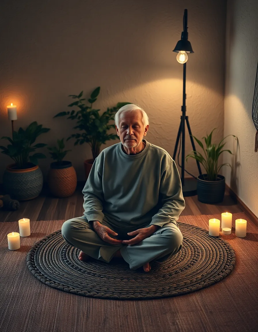 An elderly man meditates peacefully in a cozy interior, surrounded by candles and greenery that enhance the tranquil atmosphere. The warm tungsten lighting casts gentle shadows, accentuating the calmness of the moment. This image embodies wellness through meditation, inviting viewers to reflect on mindfulness and inner peace.