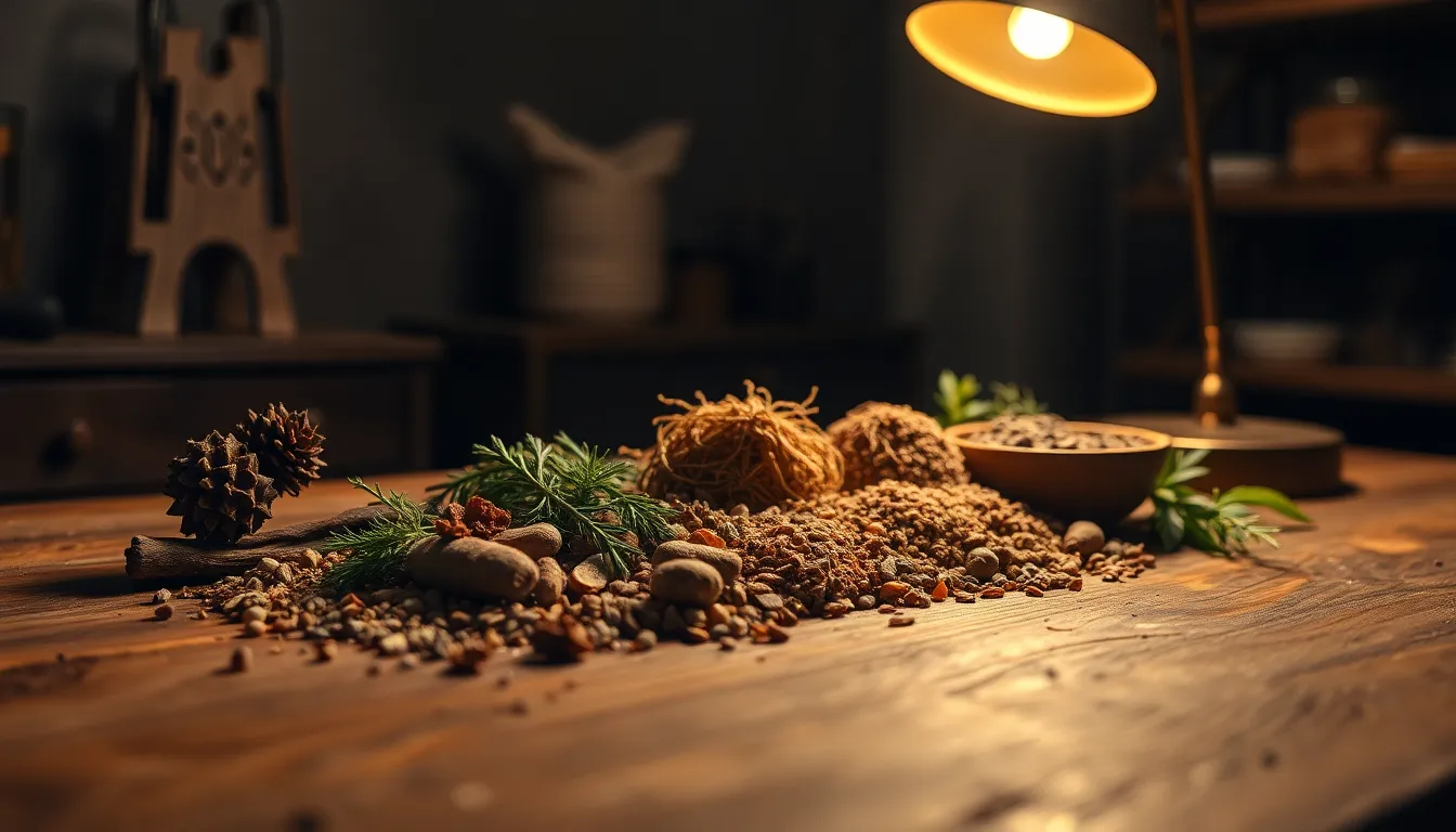 This image features an artistic arrangement of herbal medicine ingredients beautifully displayed on a rustic wooden table. The warm light from a tungsten desk lamp enhances the textures and details of each herb, creating a cozy and inviting atmosphere. The sharp focus captures the richness of earthy colors, emphasizing natural wellness and holistic healing. This composition reflects a deep appreciation for the art of herbal medicine and is ideal for health and wellness themes.