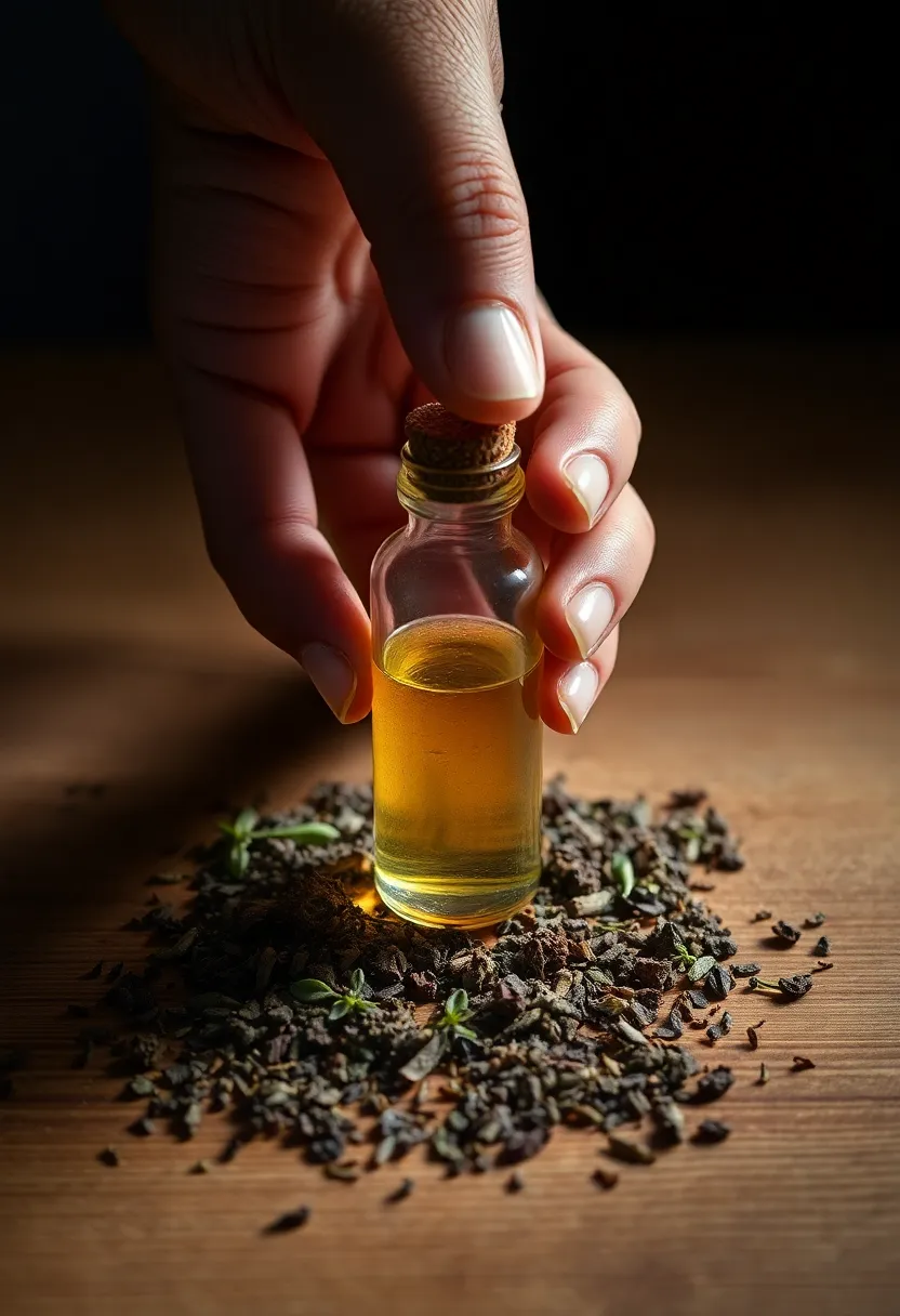 This striking image features a close-up view of a hand holding a glass vial filled with herbal extract, with loose herbs elegantly arranged around it. Captured under controlled studio lighting, the warm tones bring out the natural beauty of the ingredients. The shallow depth of field and centered composition draw the viewer's eye directly to the vial, emphasizing the theme of herbal remedies and holistic wellness. The textures of the wooden table subtly enhance the organic feel of this visual.