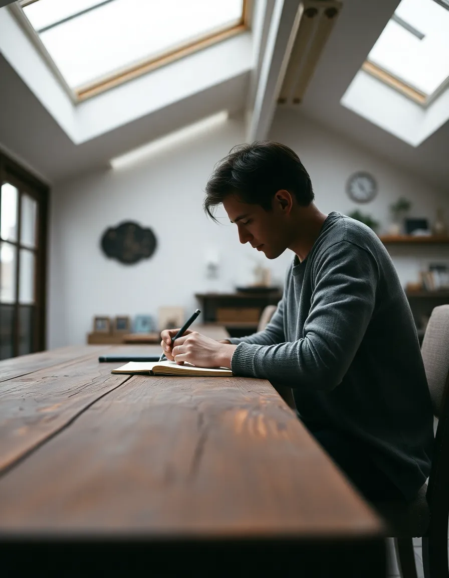 Mindful Journaling in a Cozy Space A cozy, introspective scene of a person journaling at a rustic wooden desk. The soft, diffused daylight creates a serene work environment while gently highlighting the subject's focused expression. The wooden texture enhances the warmth of the image, inviting viewers to share in this mindful moment of reflection and self-exploration, embodying the essence of wellness.