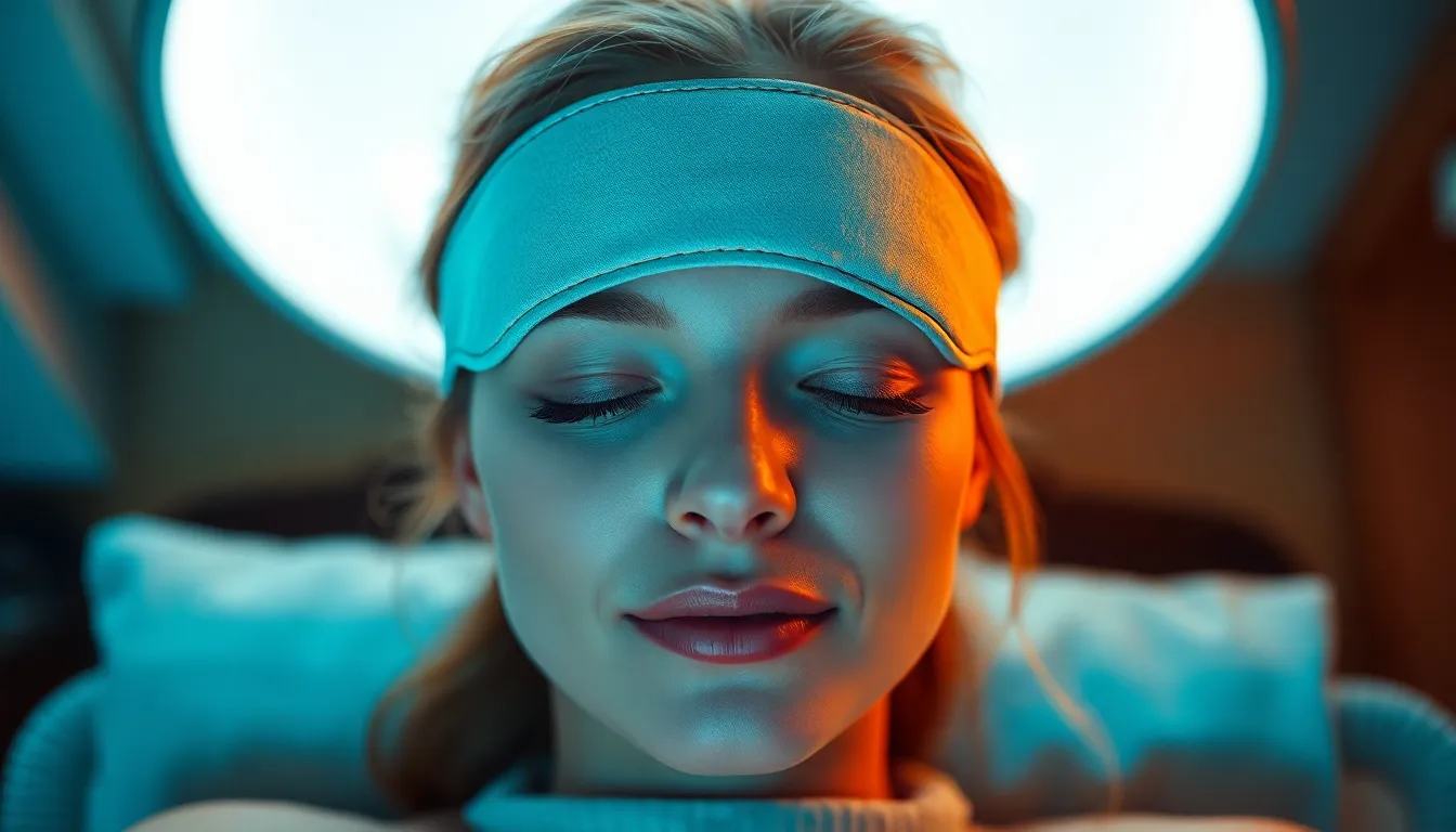 A soothing portrait of a woman enjoying a moment of relaxation with a facial mask, illuminated by soft, flattering lighting. Her peaceful expression is highlighted in the centered composition, drawing the viewer's attention directly to her tranquility. The cinematic color grading adds a modern vibe, while the natural textures enhance the authenticity of the wellness experience.