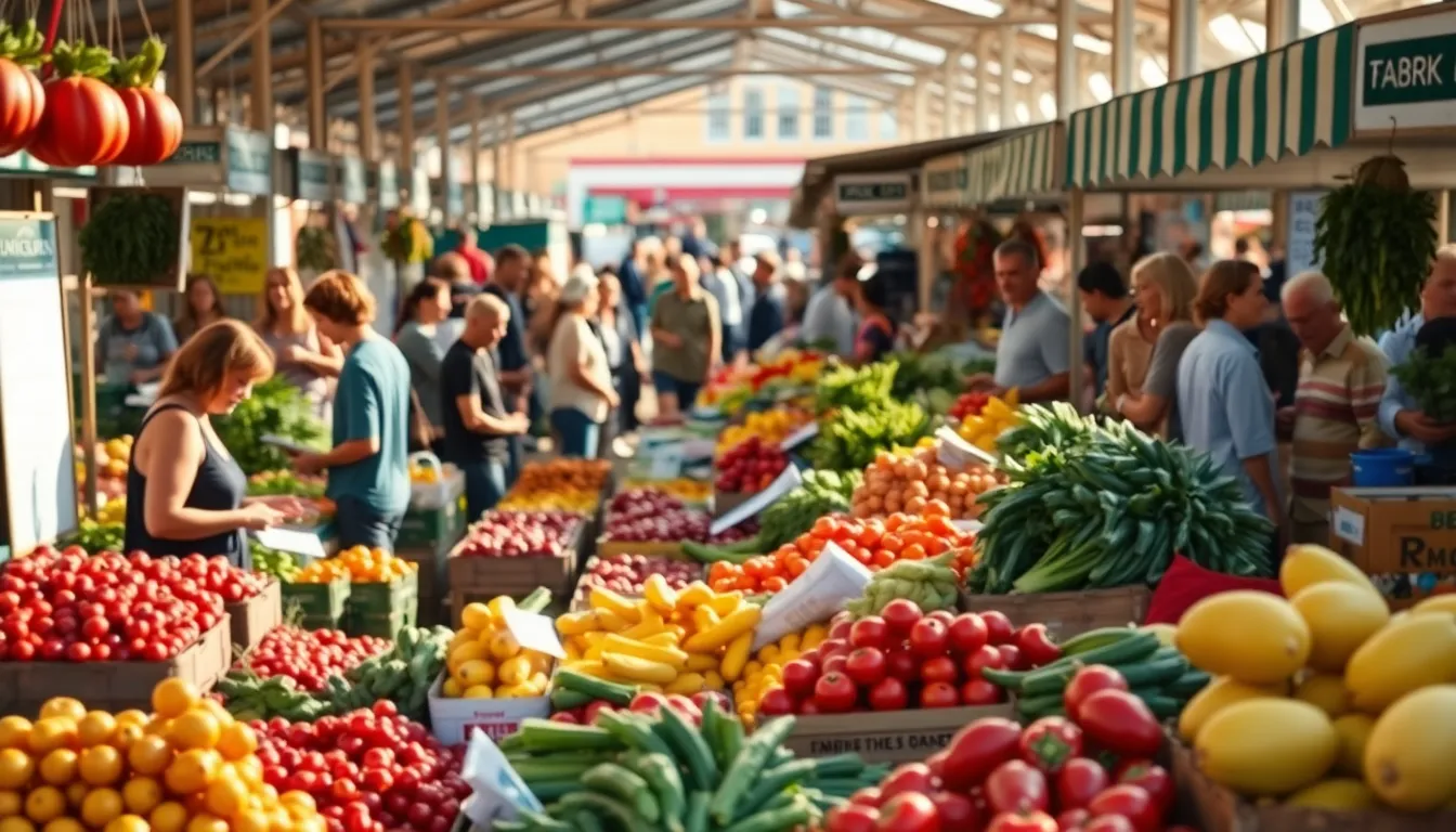 This lively image captures the essence of a farmer's market in the early morning light, showcasing vibrant stands overflowing with fresh produce. The interactions between vendors and customers create a sense of community and health awareness. The shallow depth of field softens the background, allowing the rich colors of fruits and vegetables to stand out. The cheerful atmosphere highlights the importance of local food in promoting wellness, making it ideal for health-centric themes.