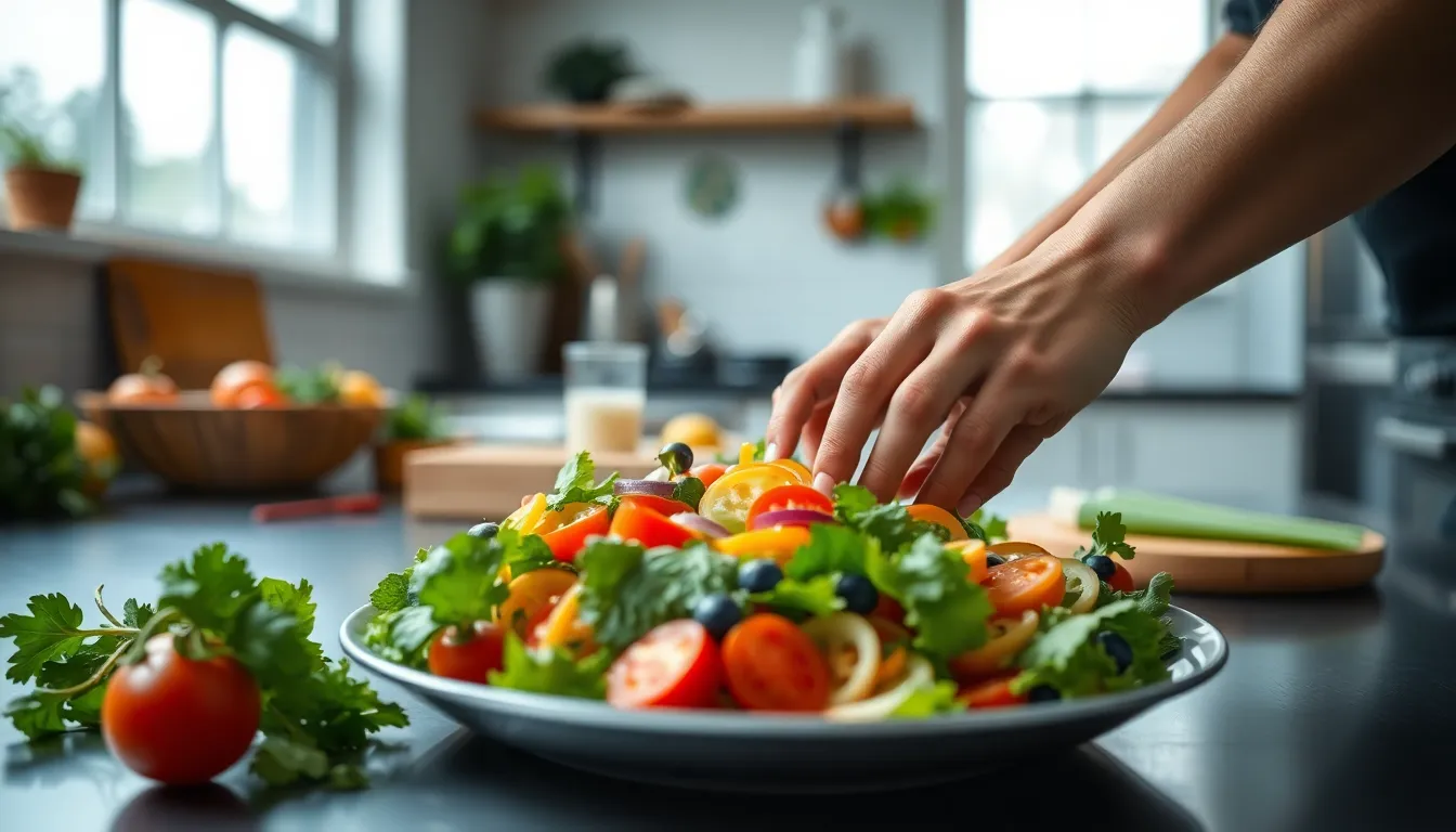 This close-up image showcases a person preparing a vibrant, healthy salad in a contemporary kitchen. The even lighting from the overcast daylight enhances the freshness of colorful vegetables, creating an inviting and appealing presentation. The shallow depth of field draws attention to the skillful hands arranging the ingredients, while the brushed stainless steel countertop adds a modern touch. This image embodies wellness and healthy eating, perfect for culinary and health-related themes.