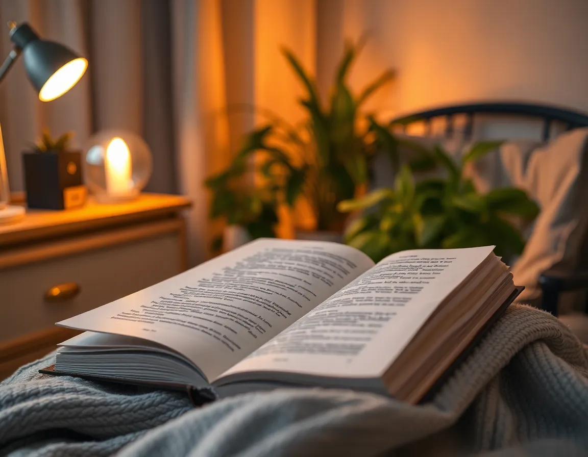 This beautifully captured image portrays a cozy reading corner, perfect for unwinding and self-reflection. The warm light from a bedside lamp casts a gentle glow on an open book resting on a rustic wooden desk. Lush house plants frame the scene, creating a tranquil atmosphere that invites relaxation. The rich organic textures and golden hues in the composition reflect a sense of comfort, making it an ideal representation of wellness and mindfulness.