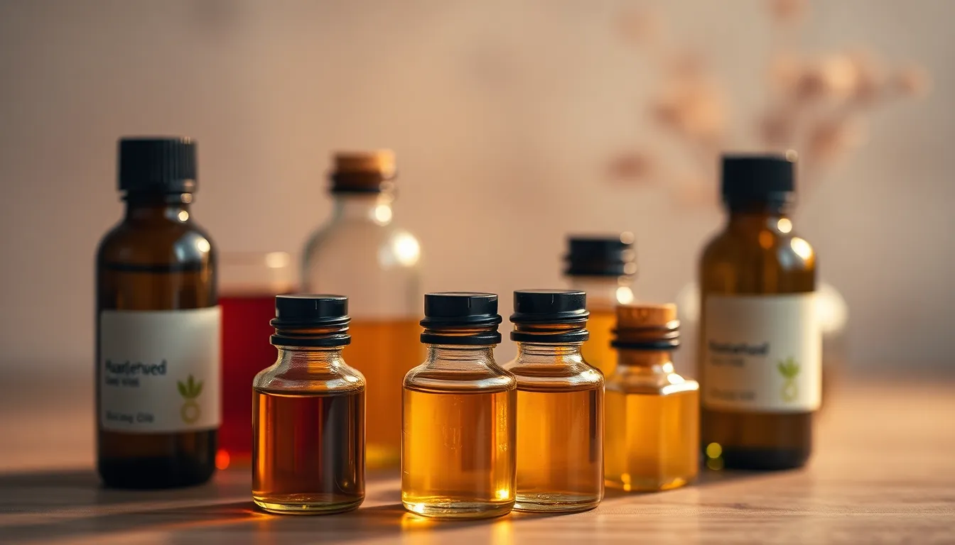 Close-Up of Essential Oils in Glass Bottles
