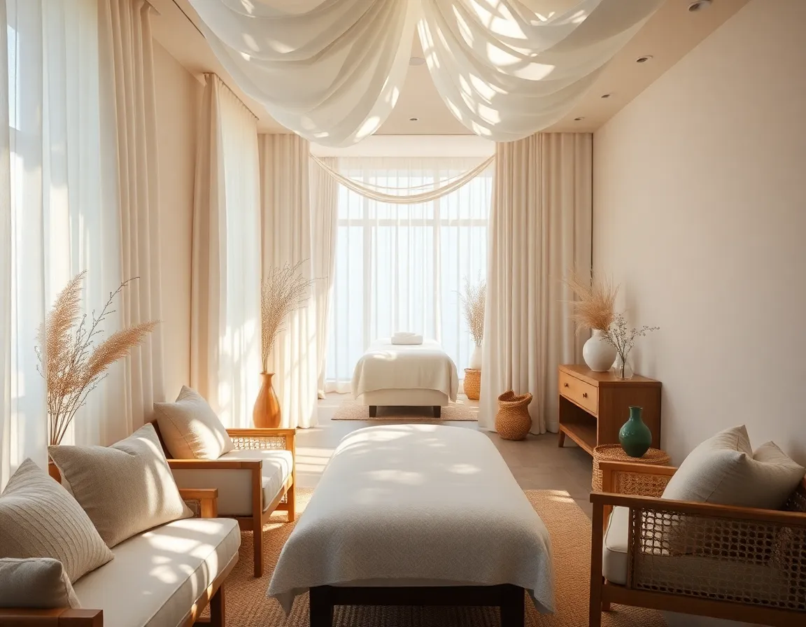 Inviting Wellness Spa Interior This stunning image captures the serene interior of a wellness spa, designed for relaxation and rejuvenation. Soft textiles and natural decor fill the space, while dappled sunlight streaming through sheer curtains creates a tranquil atmosphere. The soothing color palette of calming blues and whites harmonizes with the warm wood tones, inviting guests to unwind. The thoughtful composition leads the eye towards a peaceful massage room, emphasizing the overall theme of wellness and comfort.