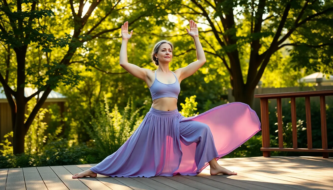 A tranquil scene of a woman practicing yoga outdoors on a wooden deck, surrounded by lush greenery. She wears a flowing lavender outfit, embodying peace and mindfulness. Dappled sunlight creates an inviting atmosphere, enhancing the rich colors of the environment. The overall composition captures a moment of wellness and connection with nature, inviting viewers to experience the calm.