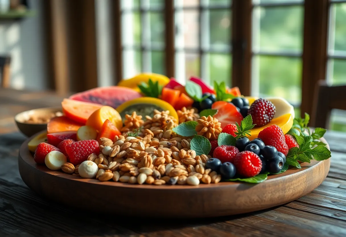 An exquisite health food platter beautifully arranged on a rustic wooden table, featuring an assortment of colorful fruits, nuts, and seeds. Soft natural light streaming through a window highlights the vivid colors and textures of each item, creating an appetizing and health-focused scene. The rich detail brings attention to the freshness of the ingredients, making it an inviting visual representation of wellness and nutrition.