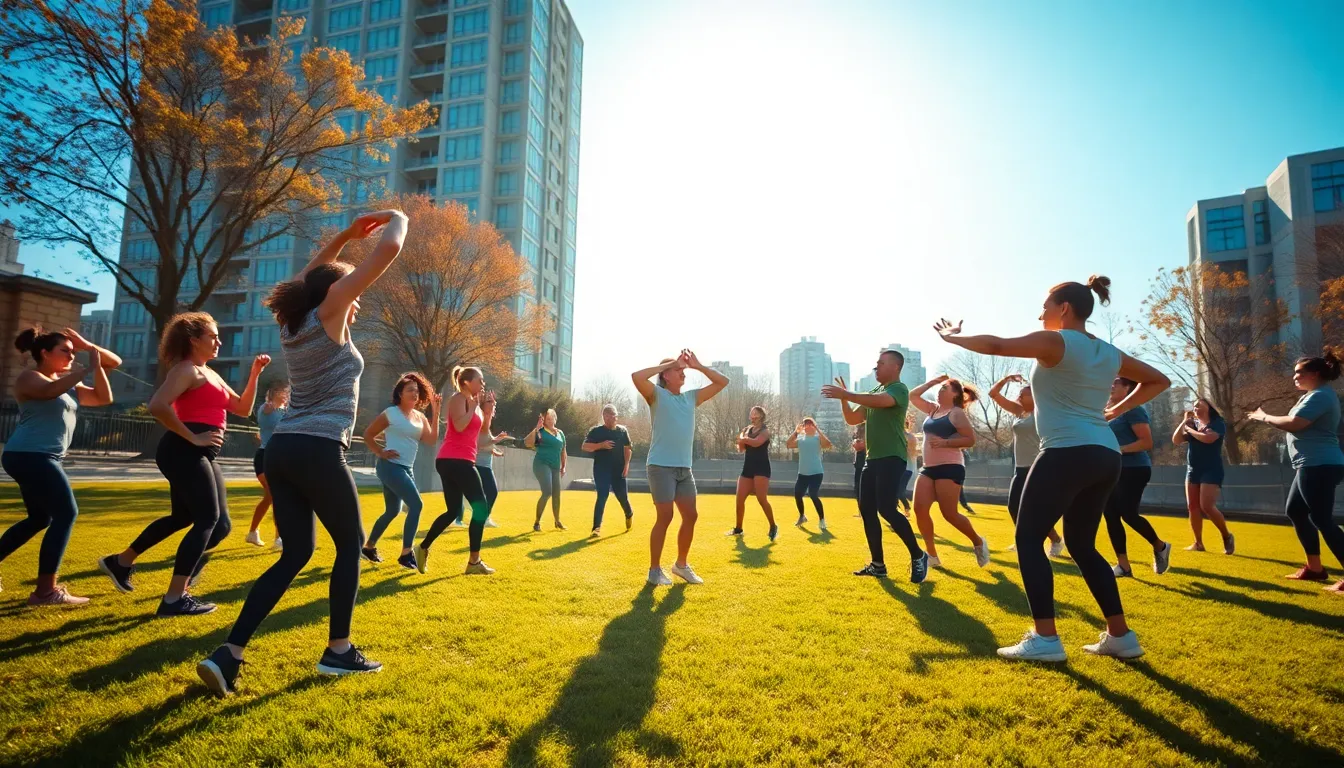 An energetic outdoor fitness class in an urban park, filled with a diverse group of participants engaging in various exercises. The bright midday sun casts high contrast shadows, while the instructor stands out in sharp focus against a softly blurred background of enthusiastic participants. The vibrant green grass and clear blue sky create a lively atmosphere, embodying a sense of health and community through movement and engagement.