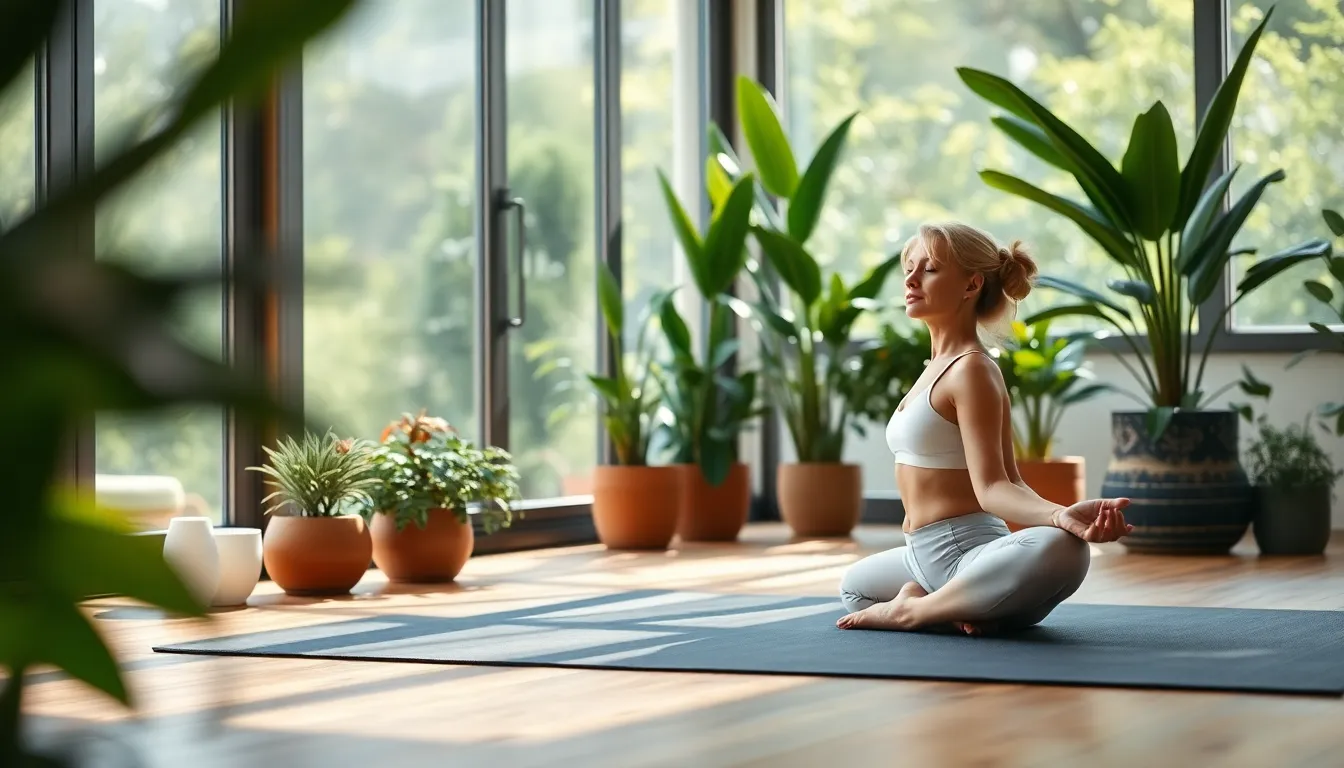 Woman Meditating in a Serene Yoga Studio
