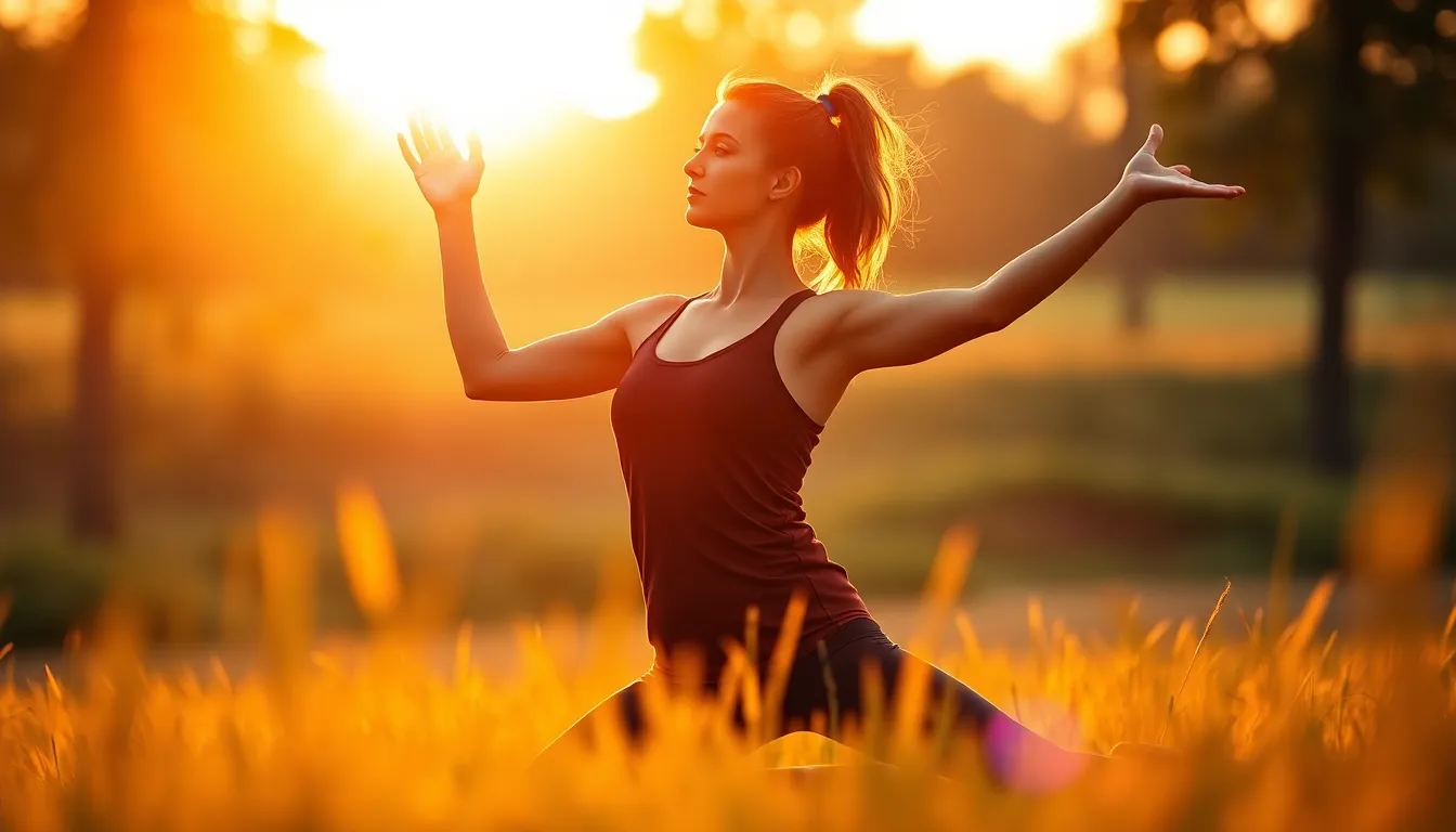 An inspiring image of a yoga instructor practicing a pose in a serene outdoor environment during golden hour. The warm sunlight creates a halo effect around her silhouette, emphasizing her graceful movement. The soft focus of the grassy foreground enhances the tranquil mood, making it an ideal representation of wellness and mindfulness. The warm color palette evokes peace and inspiration, perfect for wellness-related themes.
