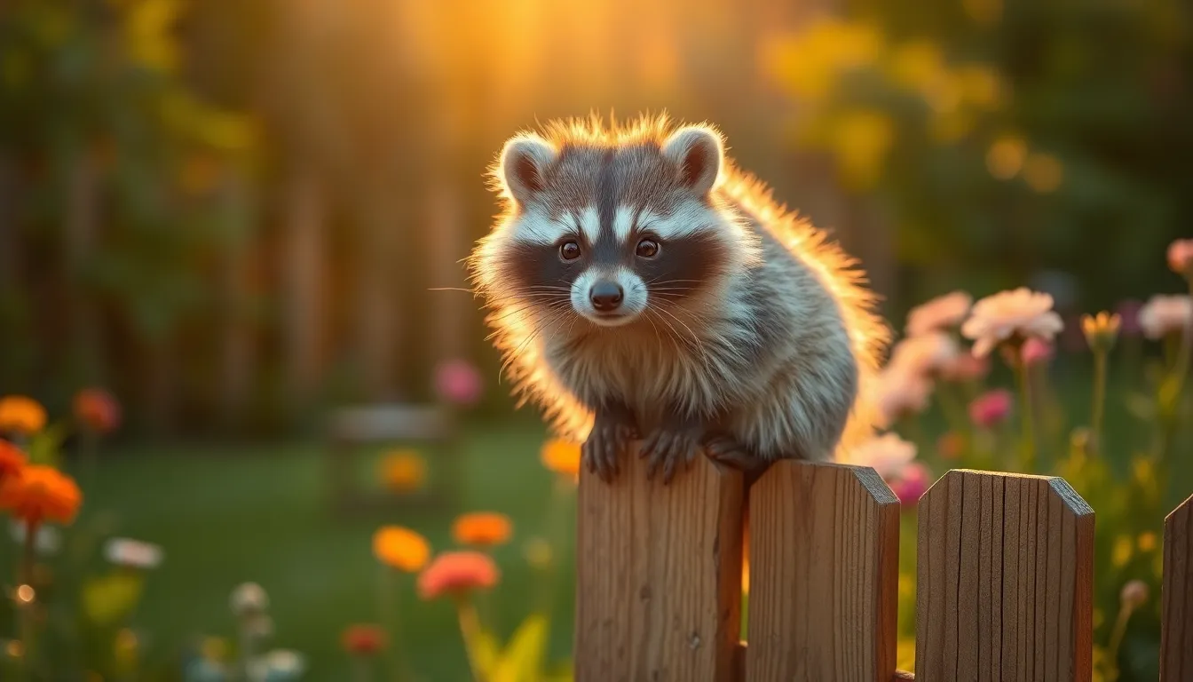 In a lush garden during golden hour, a chubby, fluffy creature that resembles a delightful mix of a raccoon and a squirrel perches on a wooden fence. Warm backlighting creates a golden rim around the creature, enhancing its adorable features and inviting expression. Surrounded by soft greens and colorful blooms, the scene radiates a cozy atmosphere filled with warmth and charm. The playful curiosity of the creature captivates viewers, inviting them to explore this whimsical moment.