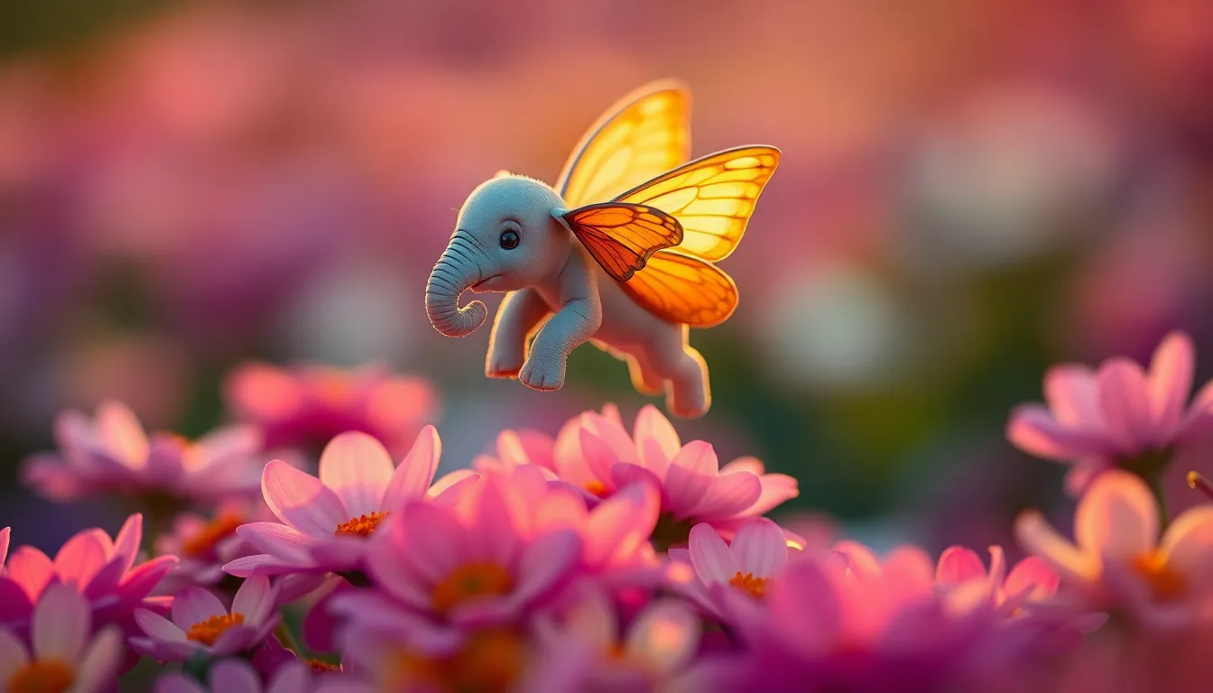 This enchanting image features a tiny elephant-like creature with delicate butterfly wings, elegantly hovering over a vibrant field of flowers during golden hour. The warm lighting creates an ethereal glow around the creature, enhancing its whimsical charm. The soft bokeh background draws attention to the colorful blooms and the exquisite detail of the creature's wings. Perfect for those who love fantasy and imaginative art.