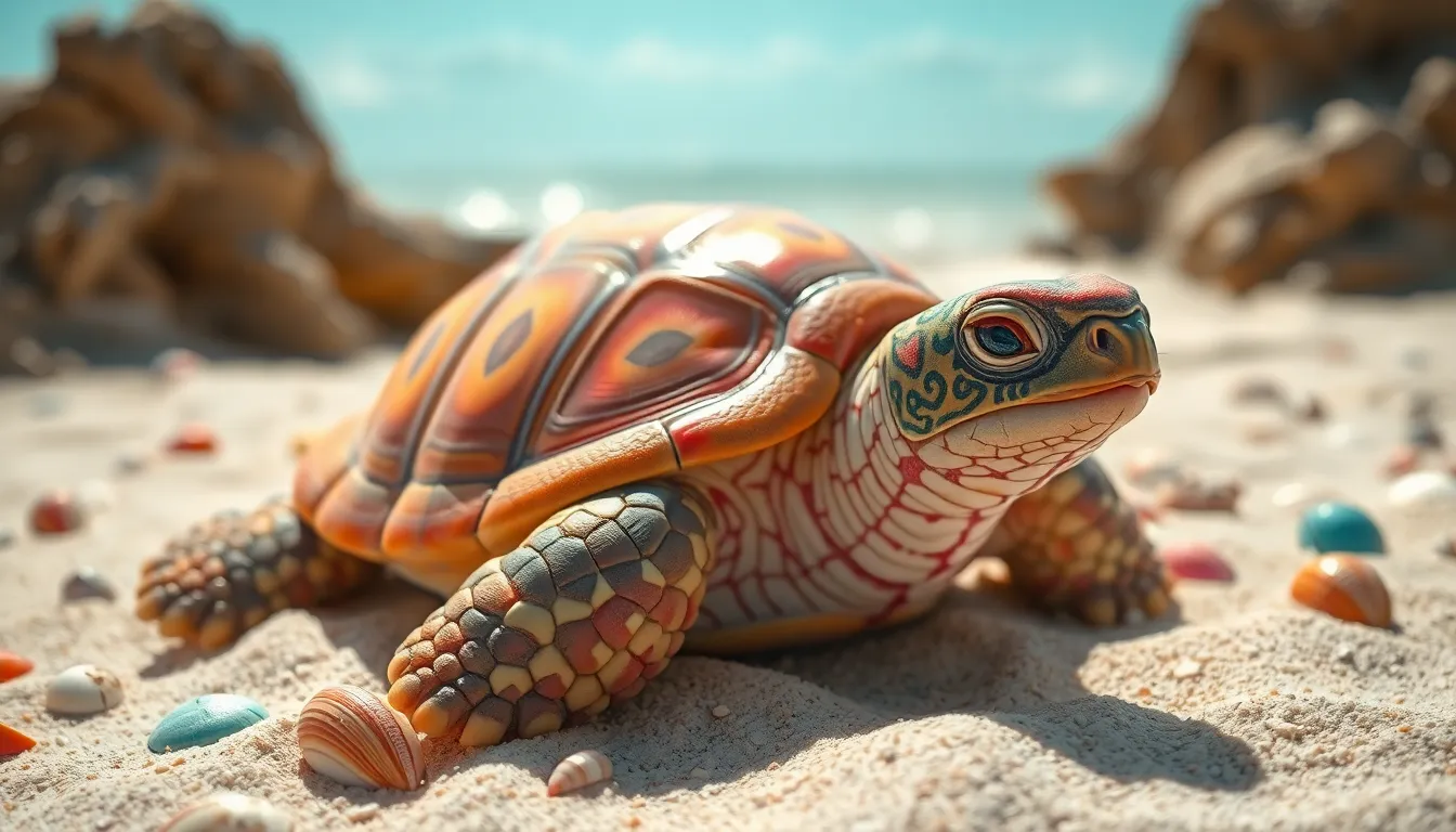 Whimsical Turtle on Sunny Beach This image captures a whimsical turtle with a beautifully patterned shell resting on a sandy beach, surrounded by an array of colorful seashells. The bright sunlight brings out the vibrant details of the creature while the tranquil ocean creates a serene backdrop. This captivating scene invites viewers to imagine the joyful interactions of fantastical creatures in a magical coastal setting.