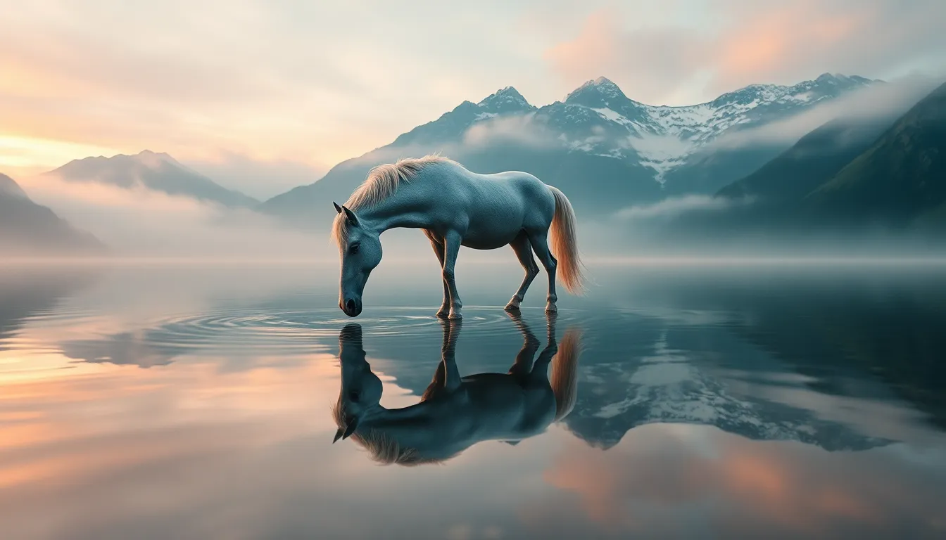 This captivating image depicts a beautiful unicorn-like creature drinking from a pristine lake, surrounded by misty mountains at dawn. Overcast lighting contributes to a soft, ethereal quality, while hyperfocal focus captures every detail from the creature to the distant peaks. Cinematic teal and orange hues add a magical touch, and the centered composition accentuates the mirrored reflection in the lake, inviting viewers into this enchanting world.
