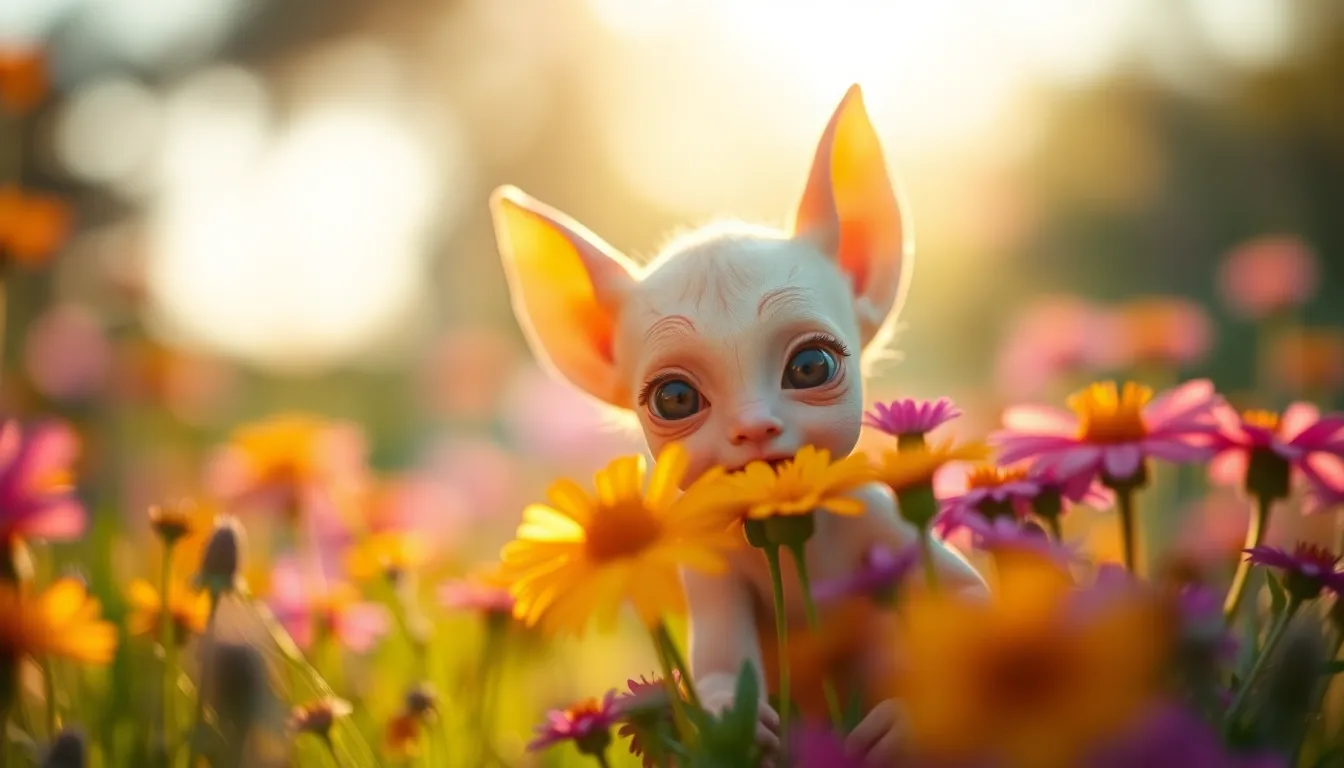 This delightful image features a playful changeling creature peeking through a sea of vibrant flowers in a sunlit meadow. The warm golden hour lighting casts a magical glow, accentuating the creature’s friendly demeanor. Selective focus emphasizes the changeling's lively eyes, drawing viewers into its whimsical world. Rule of thirds composition elegantly balances the colorful flora around the subject, creating a harmonious and inviting scene.