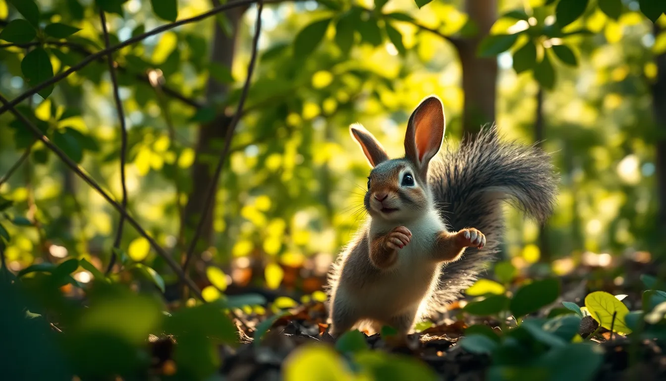 This delightful image depicts a whimsical creature that blends the features of a rabbit and a squirrel, playing joyously in a sunlit woodland. Dappled sunlight creates a magical atmosphere, highlighting the soft green foliage and the creature's fluffy fur. The sharp details across the scene invite viewers to explore every element, with leading lines naturally guiding the eye to the focal point. Ideal for nature enthusiasts and those seeking a touch of whimsy.
