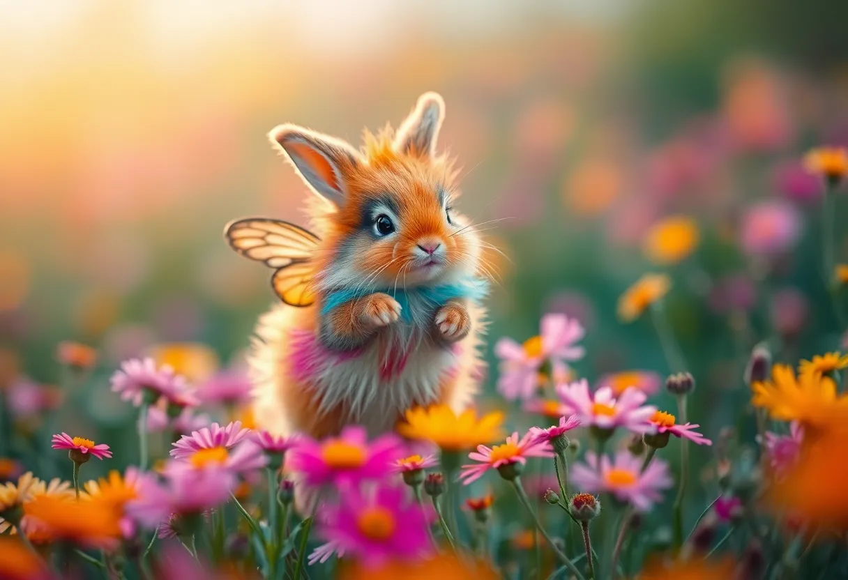 Playful Bunny with Butterfly Wings In a vibrant field of wildflowers, a playful bunny-like creature with multicolored fur and tiny butterfly wings hops joyfully amidst the blooming flora. The soft daylight casts a warm glow over the scene, emphasizing the creature's fluffy texture and the vivid colors of the flowers. This delightful image captures the whimsy of nature in a fantastical setting.