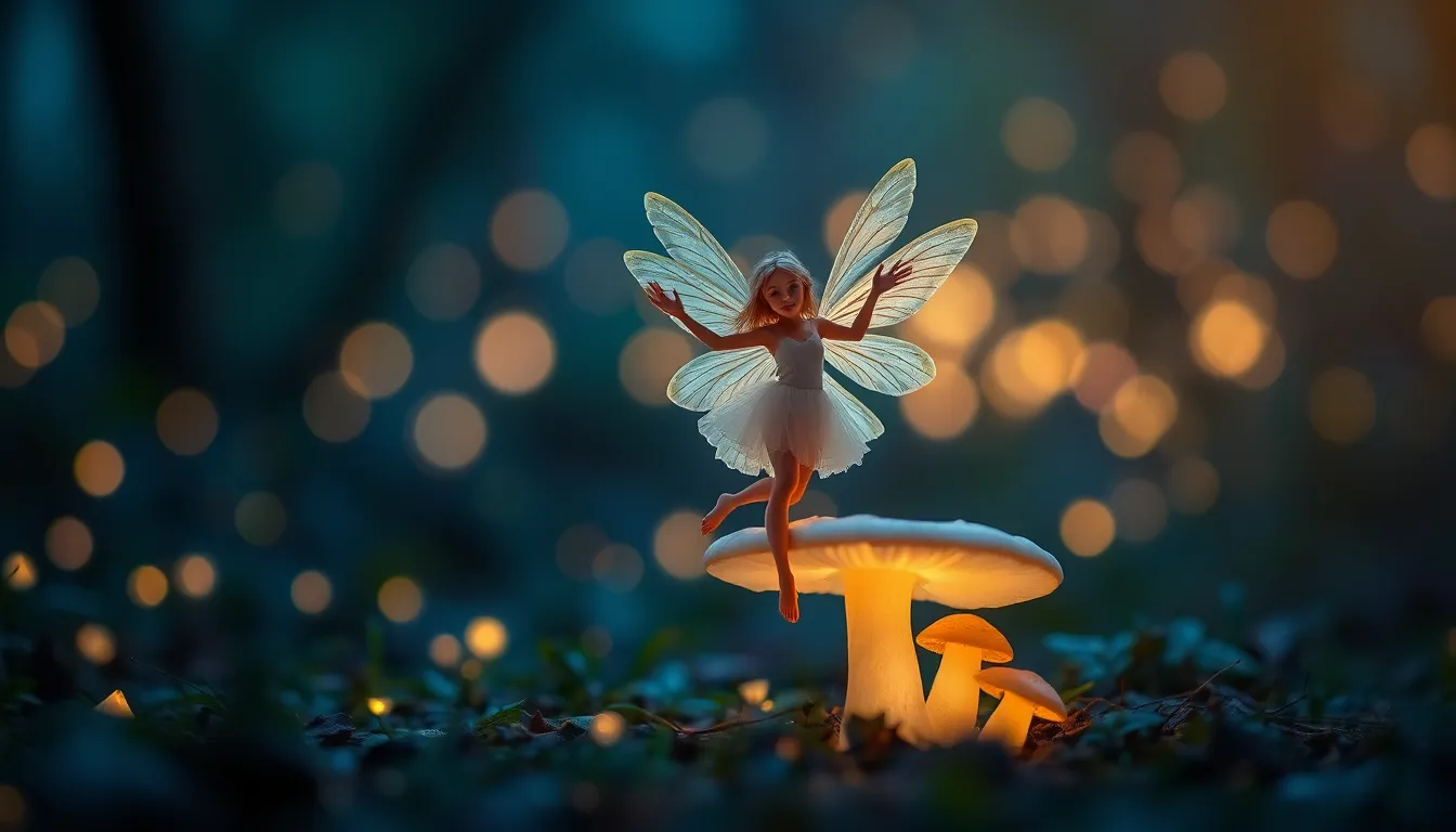 In a magical twilight forest, a playful fairy dances around a glowing mushroom, her translucent wings catching the soft light of bioluminescent fungi. The ethereal ambiance is filled with deep blues and purples, creating a whimsical and enchanting atmosphere. The fairy's graceful pose is highlighted in sharp focus, while the soft textures of the forest floor and background blur into a dreamy bokeh. This scene invites viewers into a world of fantasy and wonder.