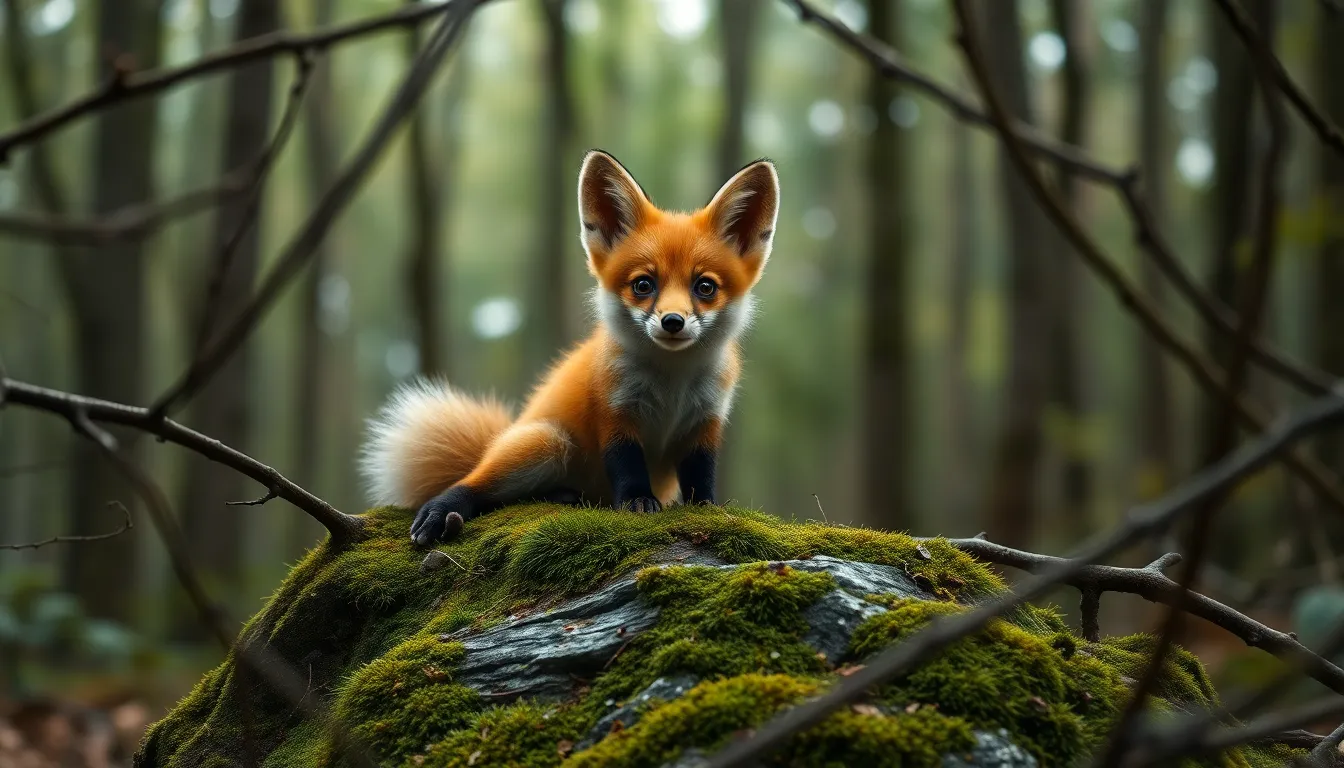Playful Fox-Like Creature in the Forest Observe a whimsical fox-like creature with large ears, resting on a mossy rock amidst a tranquil forest. The soft, diffused light enhances its vibrant fur, while the background blurs into gentle greens and browns. This charming scene captures the serene beauty of woodland creatures and their playful spirit.