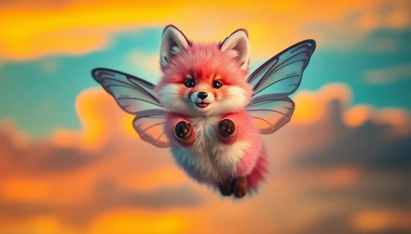 A whimsical pink fox with butterfly wings playfully soars against a breathtaking sunset sky. The warm, vibrant colors create an enchanting atmosphere, while soft rim lighting accentuates the fox's fluffy fur. This magical scene captures the essence of fantasy and adventure, inviting the viewer to step into a world of imagination.