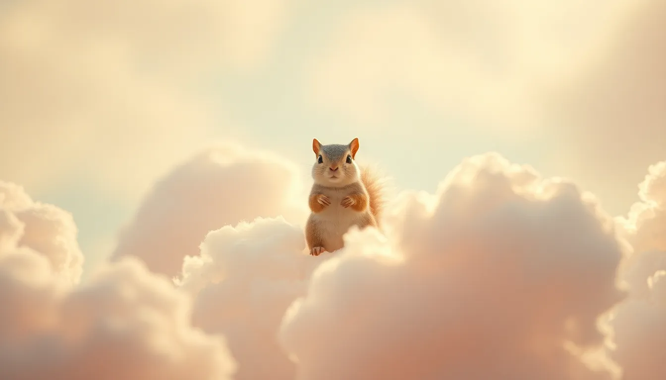 A whimsical creature, part squirrel and part cloud, floats serenely among fluffy cotton candy clouds in this enchanting scene. Soft, diffused light creates an ethereal quality, casting a dreamy glow on the delicate pastel colors. This imaginative portrayal invites viewers to explore a playful world where fantasy and reality intertwine, perfect for those with a love for whimsy.