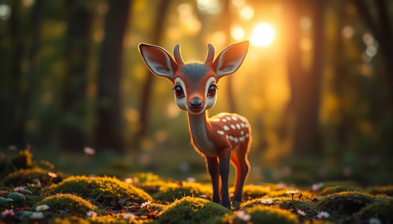 Enchanting Deer-Like Whimsical Creature in Forest In this magical forest scene, a whimsical creature resembling a small deer stands majestically among lush greenery. Its vibrant, multicolored fur contrasts beautifully with the soft moss and wildflowers that blanket the ground. Golden hour lighting filters through the trees, casting a warm glow on the creature and enriching the lush landscape. This enchanting atmosphere is completed with dappled sunlight and soft bokeh, creating a fantastical feel.