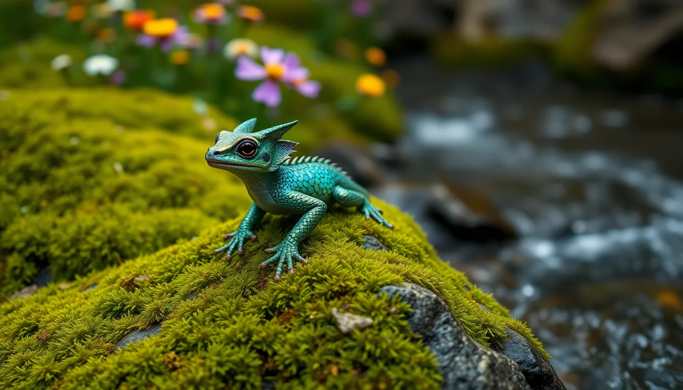 This enchanting image captures a small dragon-like creature with iridescent scales, resting on a moss-covered rock by a shimmering brook. The soft lighting enhances the vibrant greens and blues of the natural setting, immersing viewers in a fairy-tale atmosphere. The shallow depth of field beautifully blurs the background, allowing the whimsical creature to command attention while surrounded by delicate wildflowers. Perfect for nature lovers and fantasy enthusiasts alike.