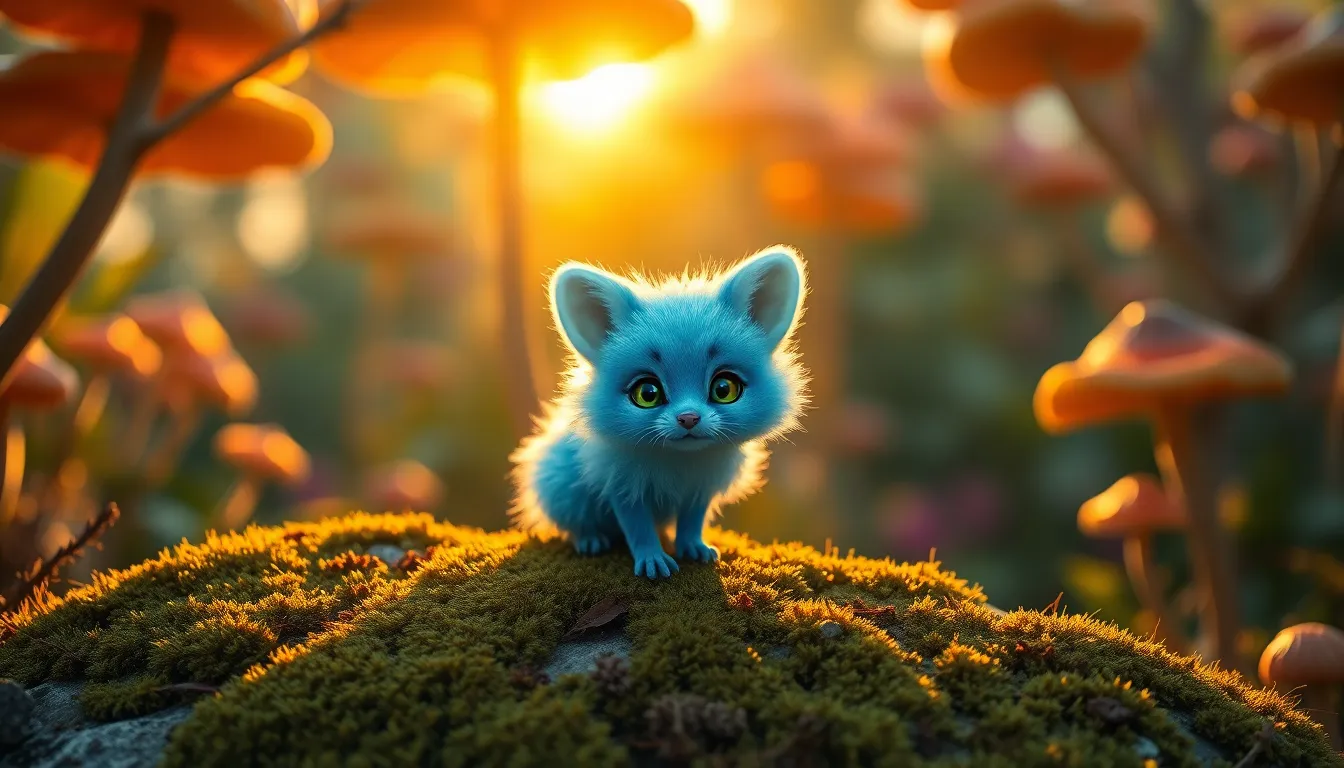 Fluffy Blue Fox in Enchanted Forest This image captures a whimsical blue fox nestled on a mossy rock, surrounded by vivid oversized mushrooms in a magical forest. The golden hour light highlights the creature's fluffy fur and oversized ears, while a soft bokeh effect enhances the enchanting atmosphere. The natural textures of the moss and mushrooms add depth, inviting viewers into this whimsical world.