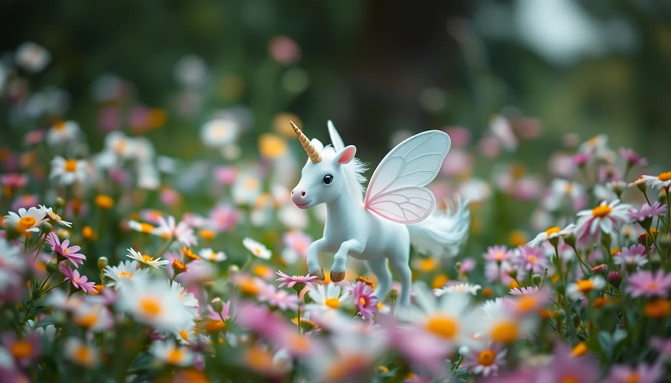 In a dreamy landscape filled with vibrant flowers, a tiny unicorn adorned with butterfly wings frolics under soft, overcast daylight. The gentle, diffused light creates an enchanting glow around the whimsical creature, while the creamy bokeh background enhances its delicate features. Pastel colors of pinks, blues, and yellows evoke a sense of wonder and magic. The leading lines of the flowers guide the viewer's eye toward this charming scene, inviting them to immerse in this whimsical world.