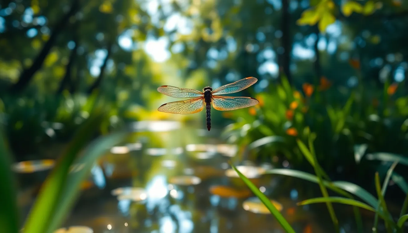 Above a serene pond framed by lush greenery, a whimsical dragonfly flits gracefully, its iridescent wings catching the light in a spectacular display. The scene captures dappled sunlight filtering through the canopy, creating a magical atmosphere filled with shimmering bokeh highlights. There’s a sense of tranquility as reflections ripple across the water's surface, inviting viewers into this enchanting moment in nature. Rich hues of blues and greens combine to create a captivating visual experience.