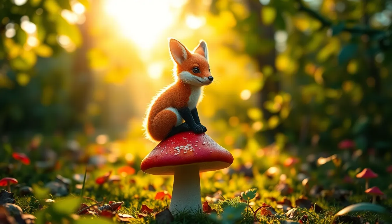 This enchanting image captures a whimsical fox-like creature with iridescent fur perched on a brightly colored mushroom in a magical forest. The warm sunlight weaves through the leaves, creating an ethereal atmosphere filled with rich greens and vibrant reds. The shallow depth of field emphasizes the charming fox, contrasting beautifully with the soft, blurred background. The whimsical setting invites viewers into a fairy-tale world filled with wonder and imagination.