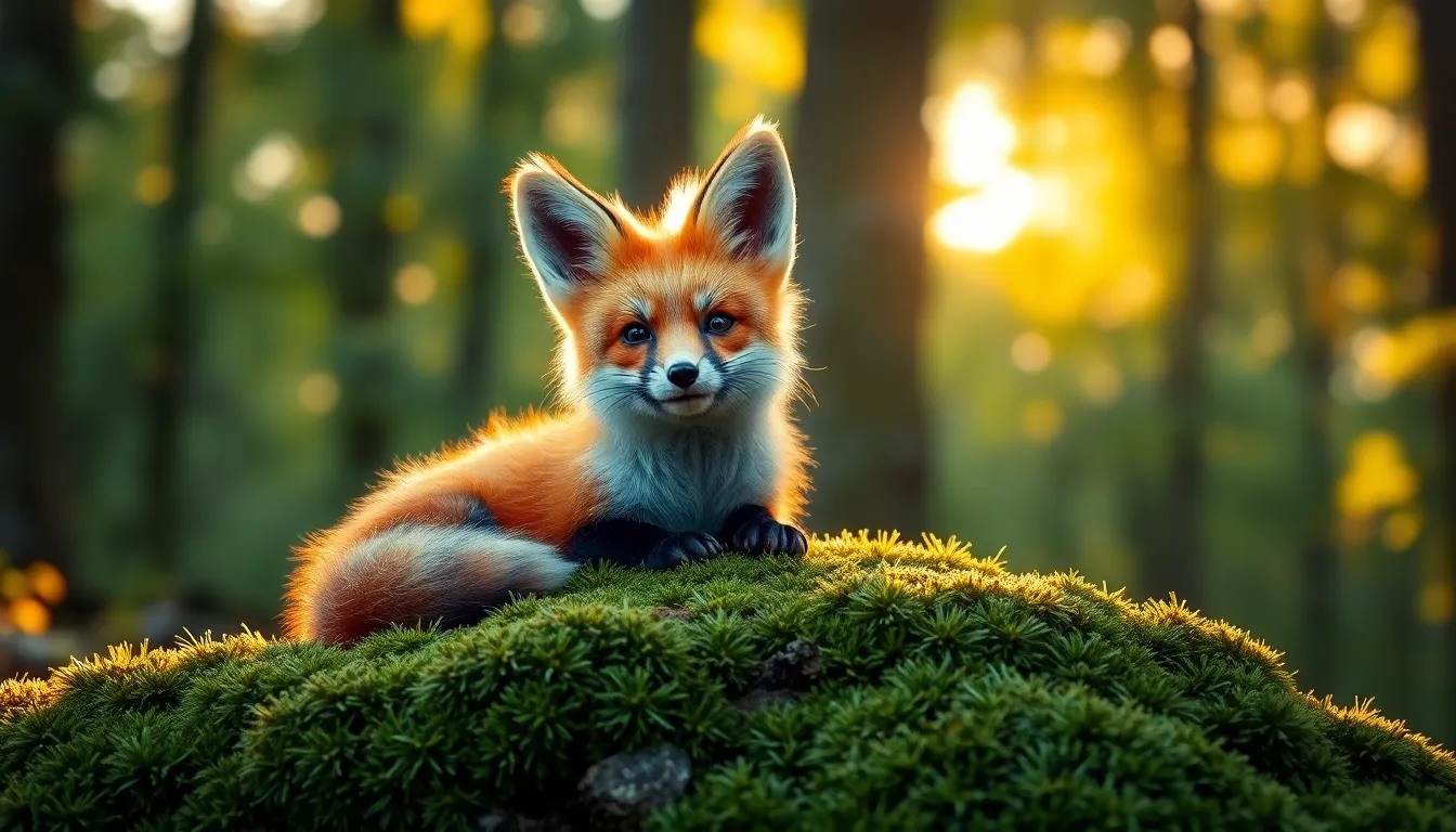 In a sunlit forest, a whimsical fox adorns itself with oversized, colorful feathers, exuding charm and playfulness. The scene is alive with the warmth of golden hour, casting a magical glow on the lush, moss-covered rock it rests upon. Deliciously rich greens and warm hues highlight the fox’s unique features, drawing the eye to its sparkling eyes and feathered attire. The soft blurred background enhances the enchanting atmosphere, creating a sense of wonder in nature.
