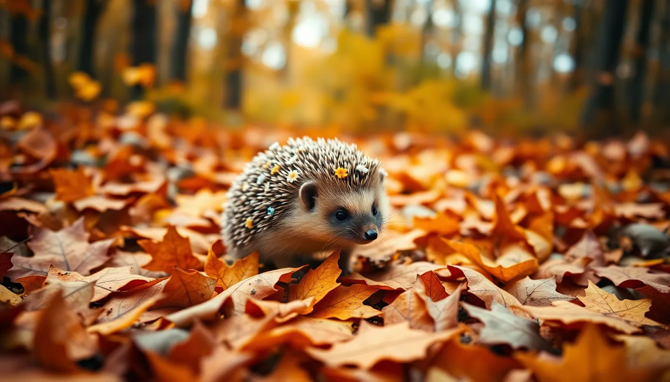In a vibrant autumn forest, a whimsical hedgehog adorned with tiny flowers makes its way through a tapestry of colorful leaves. The soft, even lighting creates a gentle mood, highlighting the rich earth tones and the hedgehog's delightful features. As the camera focuses on the hedgehog, the surrounding foliage melts away into a creamy bokeh, drawing the eye to this charming creature. The enchanting setting creates a picturesque scene of whimsy and natural beauty.