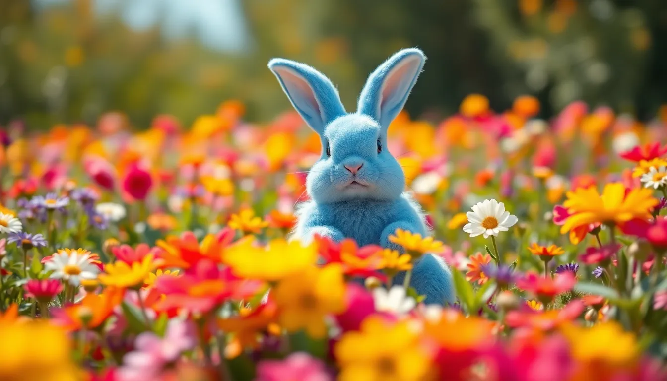 An oversized blue rabbit lounges joyfully in a bright flower field, surrounded by a kaleidoscope of vibrant blooms. The sunlight bathes the scene in warmth, highlighting the rabbit's soft fur and the intricate details of each flower. This whimsical portrayal embodies a sense of playfulness and magic in nature, making it a captivating image for all ages.