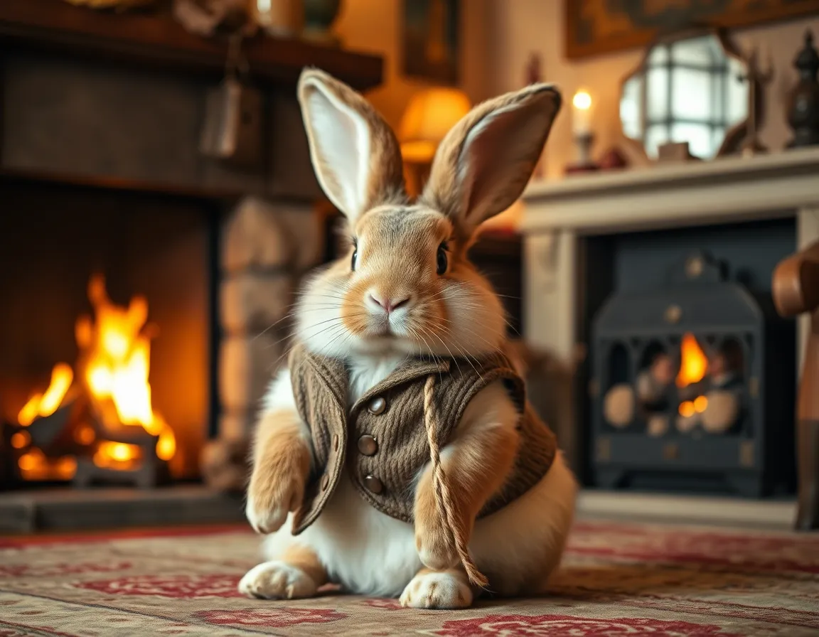 Charming Floppy-Eared Rabbit by the Fireplace