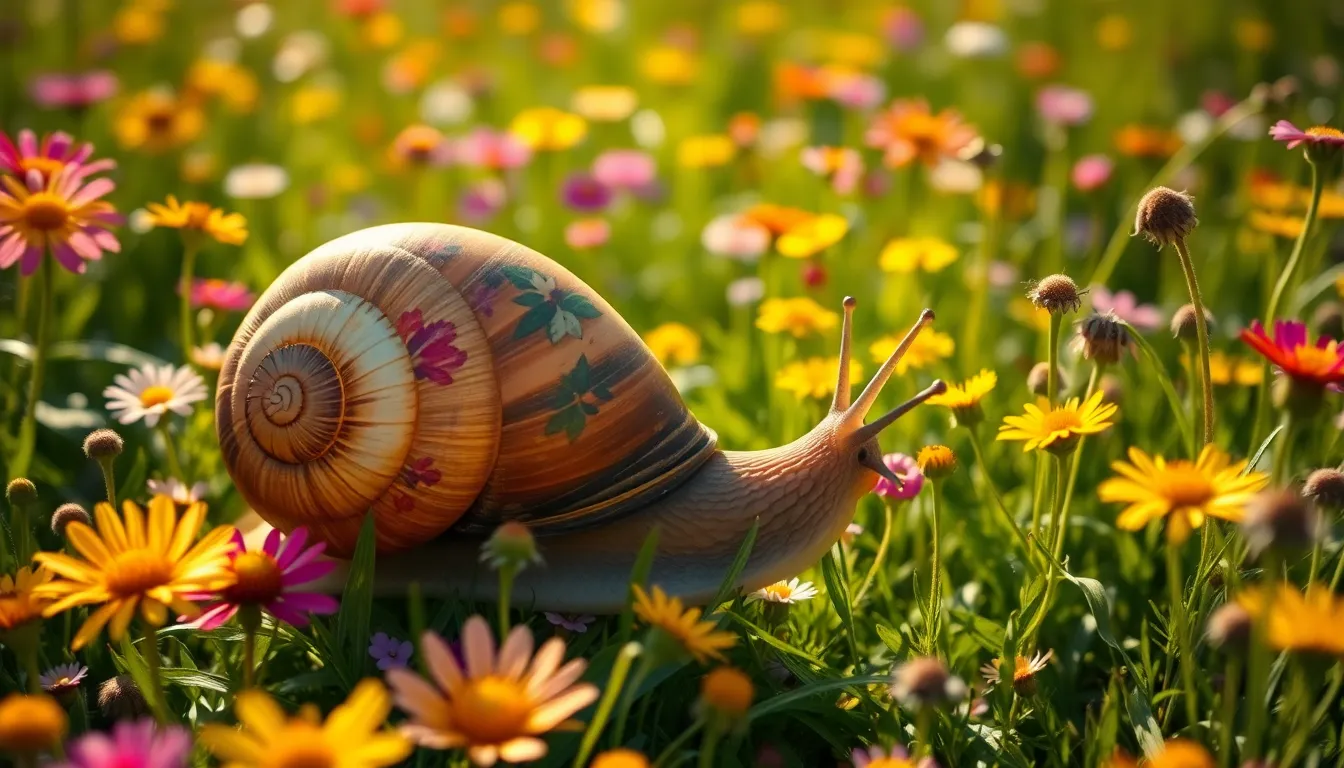 In this delightful scene, an oversized snail adorned with floral patterns glides through a vibrant meadow bursting with colorful wildflowers. The bright mid-morning sunlight brings out the rich colors of the flowers, creating a cheerful and whimsical atmosphere. The intricate details of the snail's shell are highlighted, inviting viewers to appreciate the beauty of nature's creations. With leading lines guiding the eye, this image captures a moment filled with charm and joy.