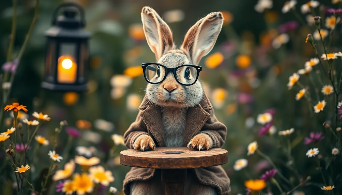 In a charming garden alive with blooming wildflowers, a whimsical rabbit dons a tailored velvet jacket and oversized spectacles, perfectly positioned at a tiny wooden table. The warm glow from a nearby lantern creates a cozy atmosphere, enhancing the rich textures of the rabbit's fur and the sumptuous fabric of its jacket. With vibrantly colored flowers blurred in the background, this delightful scene invites viewers into a magical tea party where fantasy meets nature’s beauty. The gentle lighting and intricate details make for an enchanting visual.