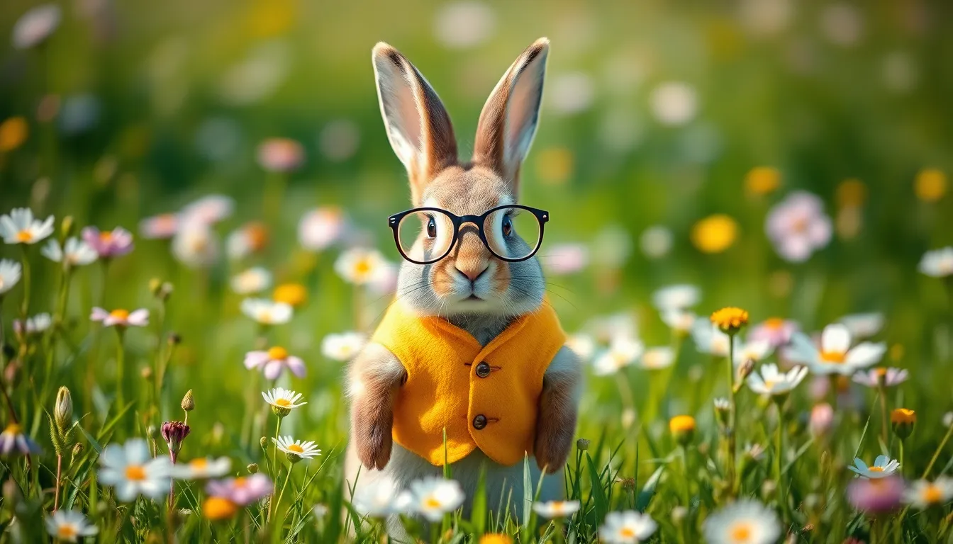 Charming Rabbit in a Wildflower Meadow Meet a whimsical rabbit sporting oversized spectacles and a colorful waistcoat, standing proudly in a vibrant meadow. Surrounded by a sea of wildflowers, this enchanting scene captures a blend of playful wonder and natural beauty. The soft, pastel colors and intricate textures invite viewers into a delightful storybook world.