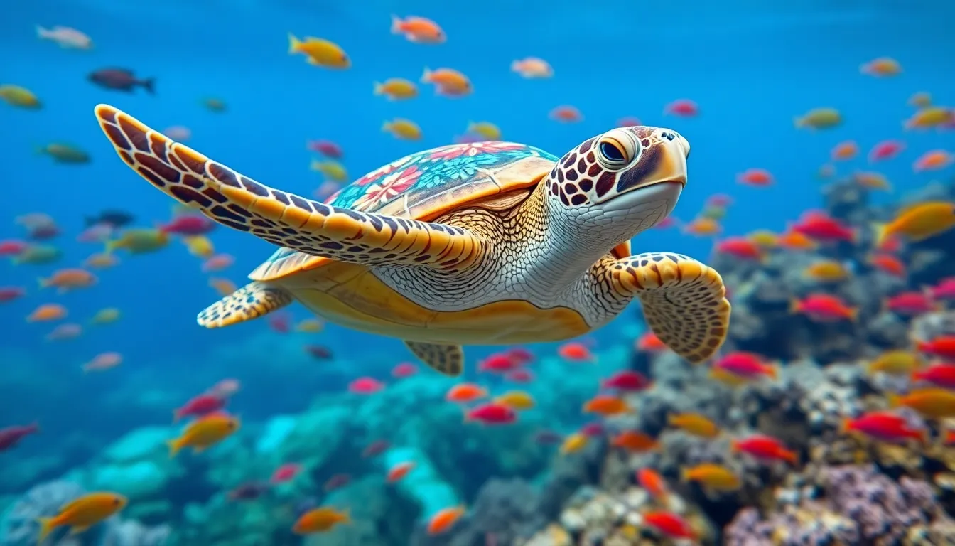 Beneath the tranquil surface of crystal-clear waters, a whimsical turtle swims gracefully, its shell adorned with vibrant floral patterns. Surrounded by a lively school of colorful fish, this enchanting scene captures the beauty of underwater life. The diffusion of light creates a magical ambiance, bringing out stunning hues of blues and greens, highlighting the coral reef in the distance. This mesmerizing underwater world invites viewers to dive into a realm where whimsy reigns in nature.