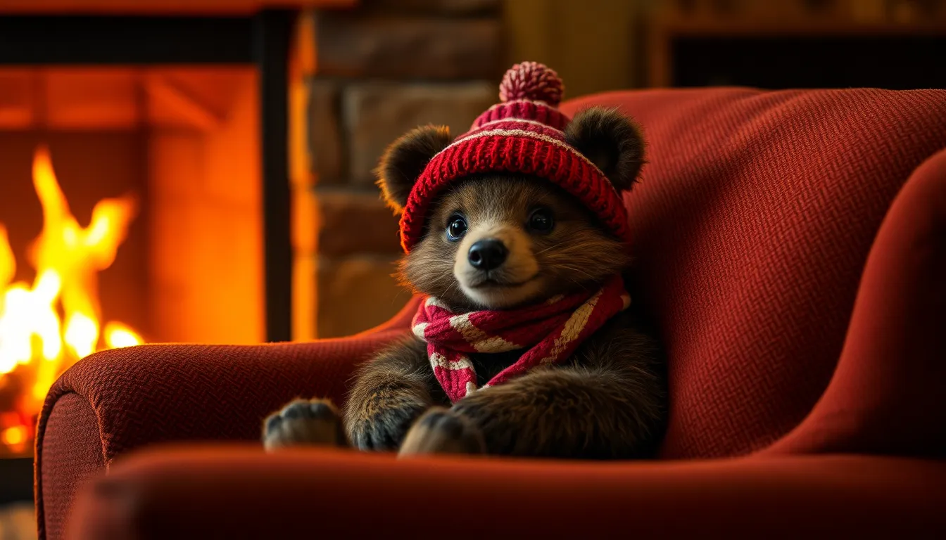 This heartwarming image captures a delightful miniature bear dressed in a tiny hat and scarf, comfortably nestled in a cozy armchair by a crackling fireplace. The warm ambient light creates a welcoming atmosphere, enhancing the creature's fluffy fur and the armchair's plush texture. Rich colors of reds and browns radiate warmth and comfort, inviting viewers into this whimsical scene. Perfect for winter-themed artwork and animal lovers.