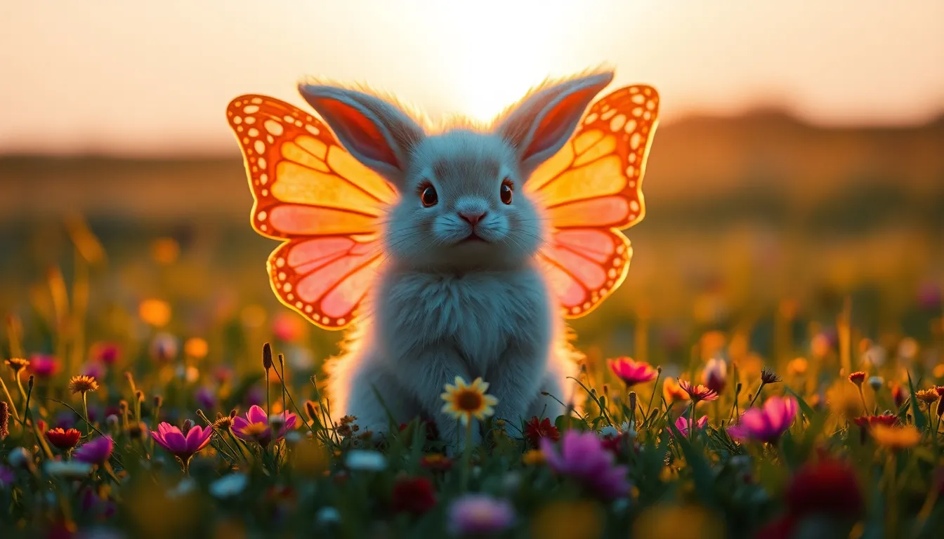 Fluffy Bunny With Butterfly Wings at Sunset