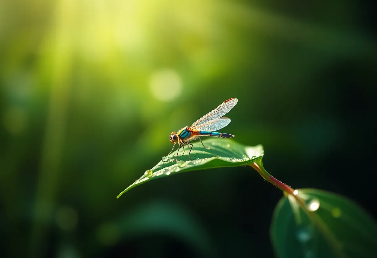 Iridescent Dragonfly in Morning Dew A tiny, iridescent dragonfly-like creature rests elegantly on a dewy leaf, creating a sense of tranquility in a sunlit environment. The soft daylight filtering through mist enhances the vibrant colors and intricate details of the creature's translucent wings. This enchanting scene invites viewers into a world where nature's delicate beauty thrives.