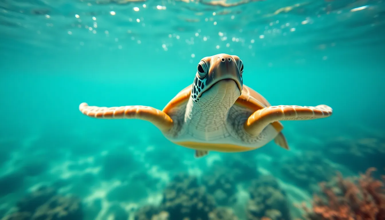 Whimsical Turtle Swimming Underwater This captivating image features a whimsical turtle adorned with a colorful floral shell, gliding gracefully through crystal-clear waters. Sunlight dances on the surface, casting shimmering reflections that add to the magical ambiance. The vibrant colors and intricate textures combine to create a lively and enchanting underwater scene.
