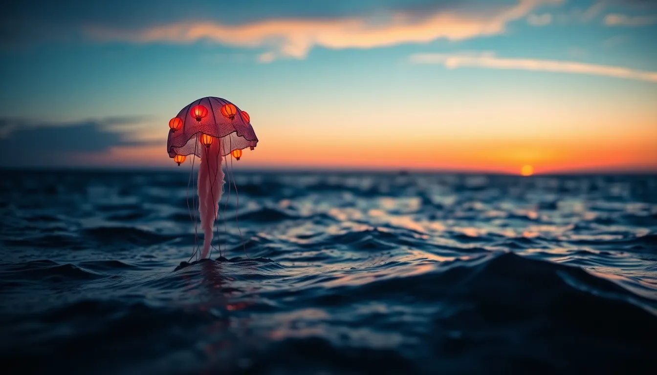 A mesmerizing image of a whimsical jellyfish-like creature floating above ocean waves at twilight, adorned with colorful lanterns. The dramatic sky, blending deep blues and vibrant oranges, sets a mystical mood as the sun dips below the horizon. This composition features leading lines formed by the waves, drawing the viewer's gaze toward the enchanting creature. The intricate textures of the jellyfish’s tentacles and the shimmering ocean surface create an extraordinary visual experience.
