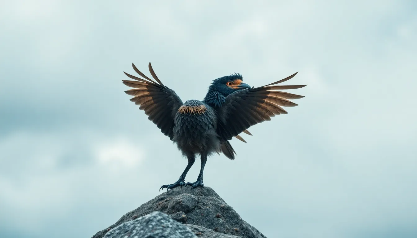A majestic feathered creature is perched atop a rugged rock outcrop, set against an overcast sky. The intricate patterns of its plumage are sharply in focus, revealing stunning detail. The cool blue tones of the environment contrast beautifully with warm highlights on the creature, creating a dynamic visual experience. The symmetrical composition enhances the creature's regal appearance.