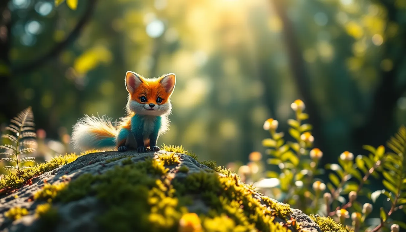 In a magical forest, a fluffy, colorful fox-like creature sits perched on a mossy stone. Soft dappled sunlight filters through the trees, casting a warm glow on the scene. The creature's sparkling eyes draw you in, while vibrant greens and warm earth tones create an inviting atmosphere. Delicate ferns and flowers complement the rich texture of the moss, capturing a sense of whimsy and enchantment.